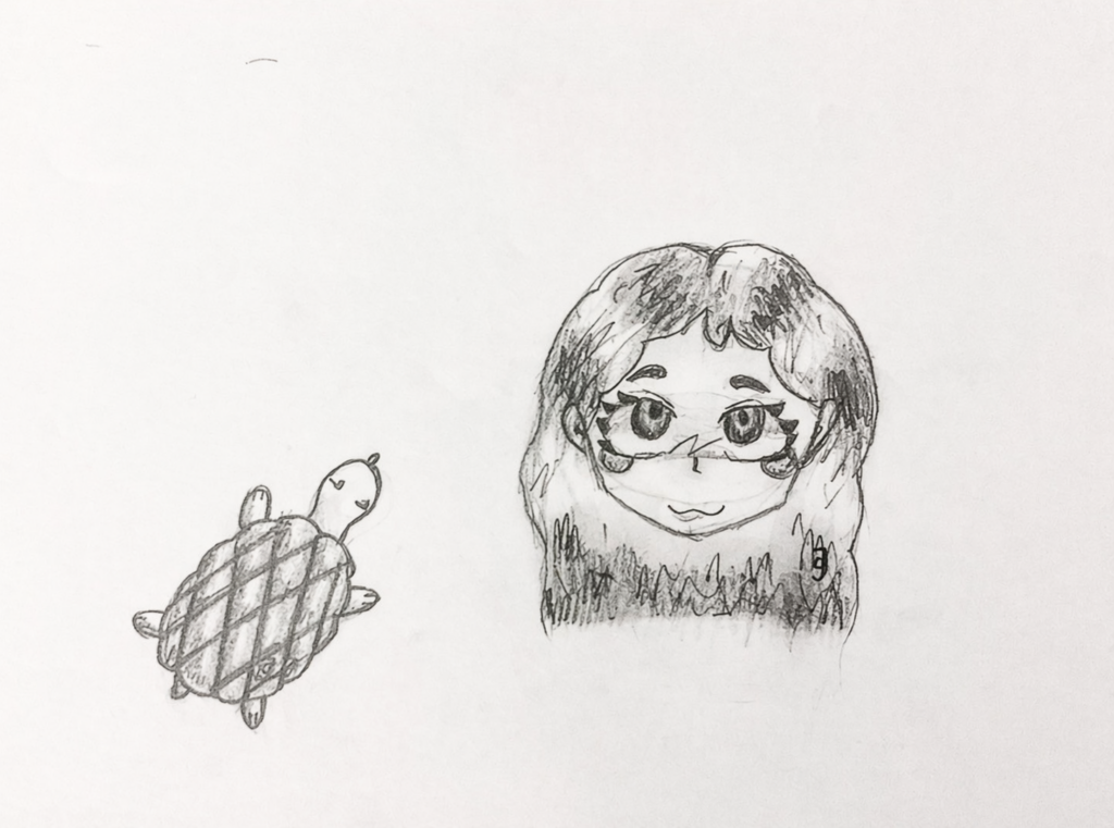 Bleistiftzeichnung einer Schülerin: links eine kleine Schildkröte mit gemustertem Panzer, rechts ein Porträt mit großen Augen, Brille und langen Haaren.